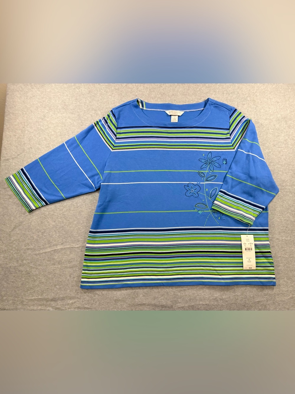 Women’s Blue Striped Floral-Embroidered Boatneck Top